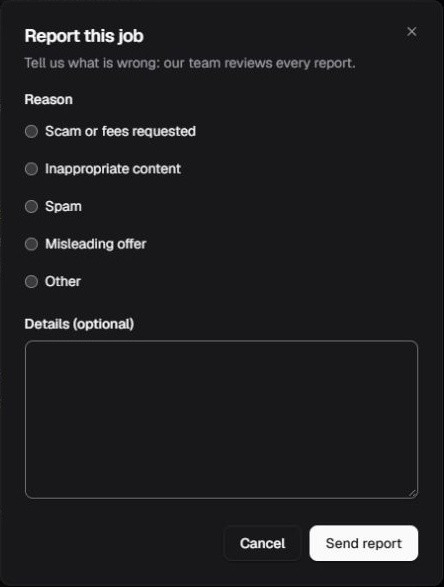Kamerjob Report this job form showing reasons, the optional Details field and the Send report button