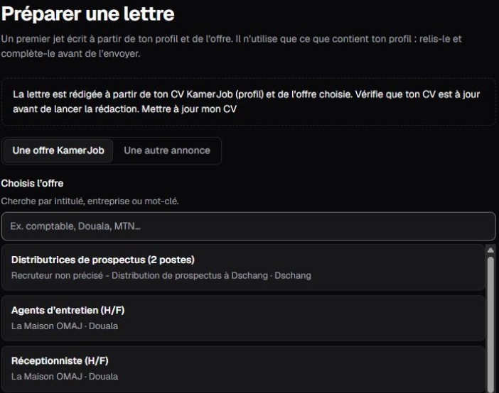 Capture Kamerjob : formulaire Préparer une lettre avec la recherche et la sélection d’une offre