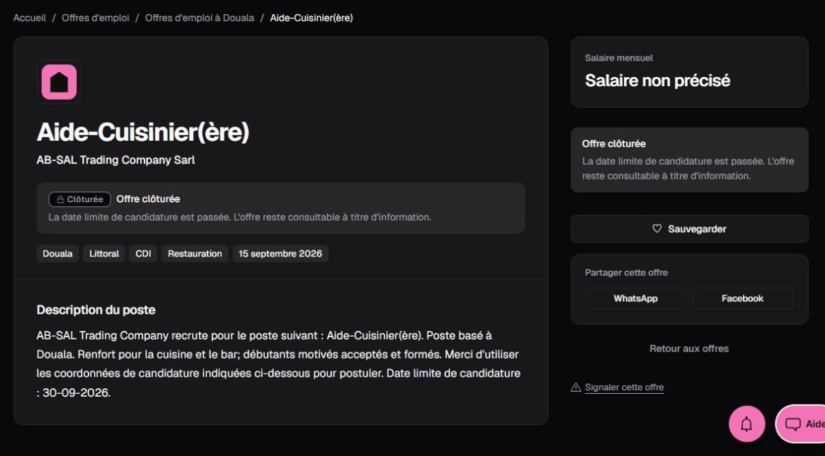 Offre clôturée Kamerjob AB-SAL pour aide-cuisinier, indiquant débutants motivés acceptés et formés