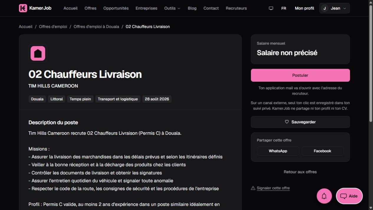 Capture Kamerjob d’une offre de chauffeurs livraison à Douala avec les missions