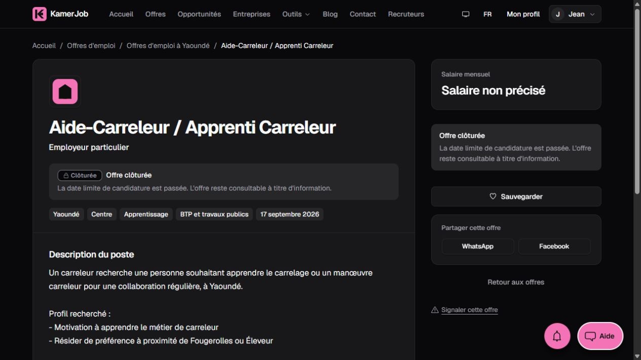 Capture Kamerjob de l’offre clôturée d’aide-carreleur ou apprenti à Yaoundé