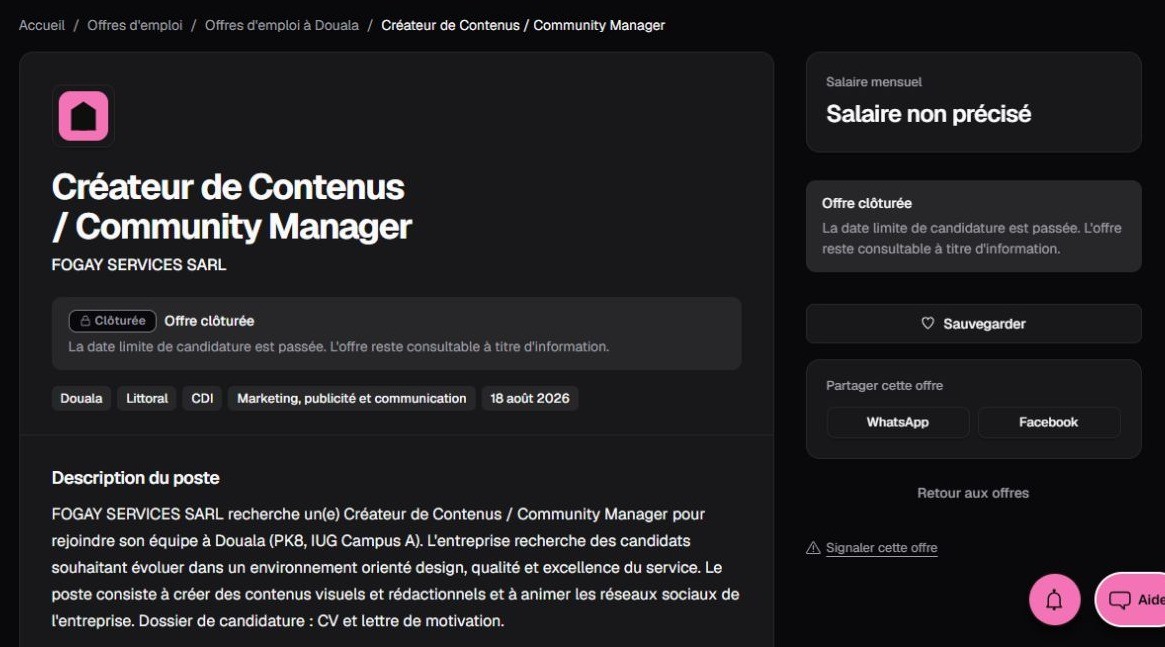 Offre Kamerjob clôturée de créateur de contenus et community manager chez FOGAY SERVICES SARL
