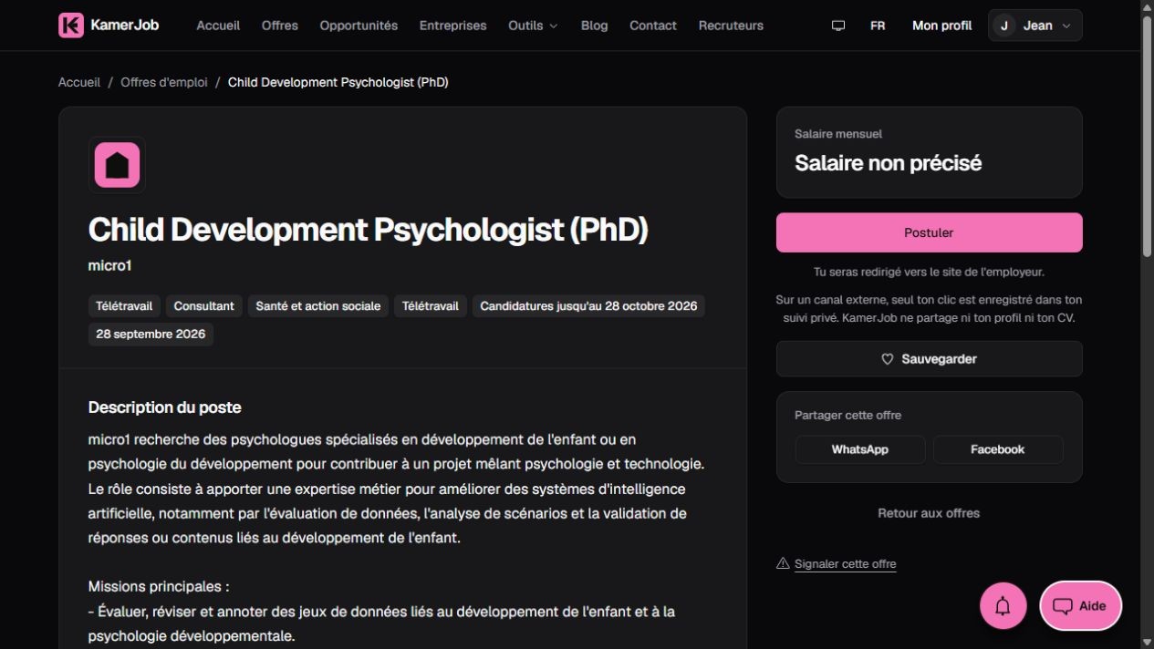 Capture de l’offre Kamerjob micro1 en psychologie du développement et évaluation de contenus IA