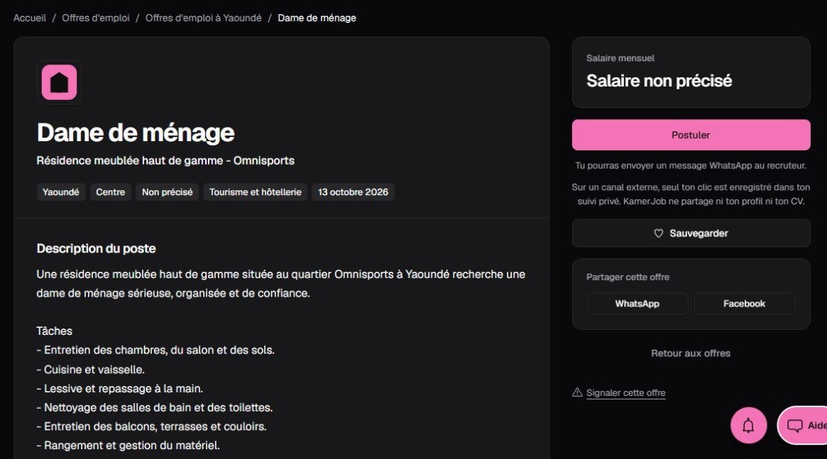 Capture Kamerjob de l’offre Dame de ménage à Omnisports, Yaoundé