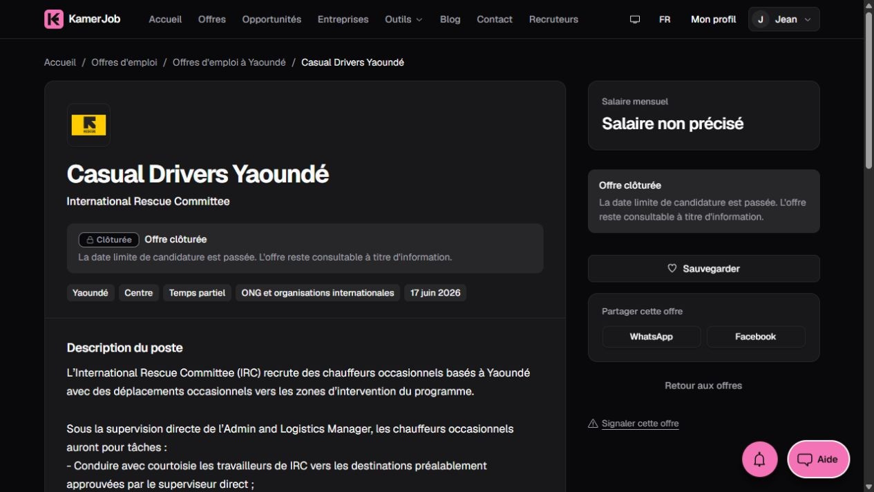 Capture Kamerjob de l’offre clôturée de chauffeurs occasionnels IRC à Yaoundé