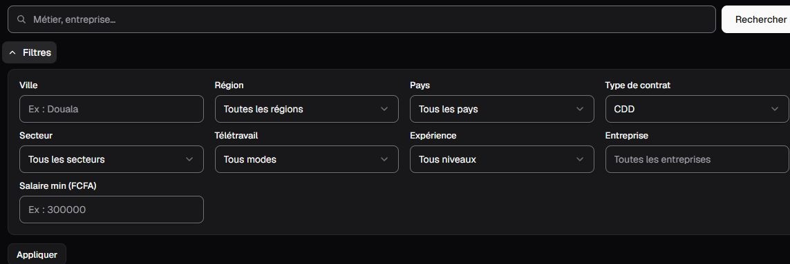 Capture Kamerjob : filtres des offres avec CDD sélectionné dans Type de contrat et bouton Appliquer