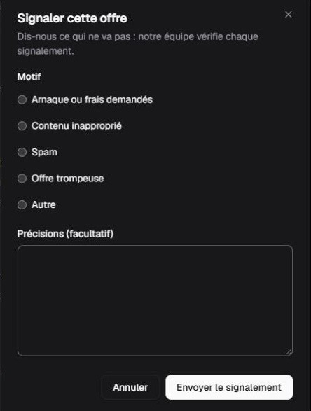 Formulaire Kamerjob Signaler cette offre avec les motifs, le champ Précisions et le bouton Envoyer le signalement