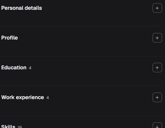 Kamerjob CV builder sections: Personal details, Profile, Education, Work experience and Skills