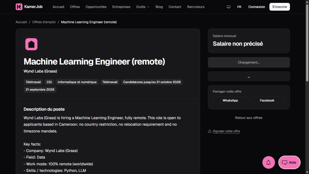 Capture de l’offre Kamerjob Machine Learning Engineer chez Wynd Labs