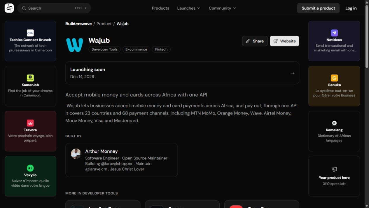 Fiche Wajub sur Builderswave avec catégories, proposition de valeur et créateur