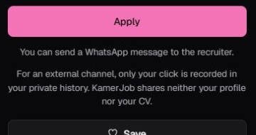Kamerjob Apply button with information about applying through WhatsApp