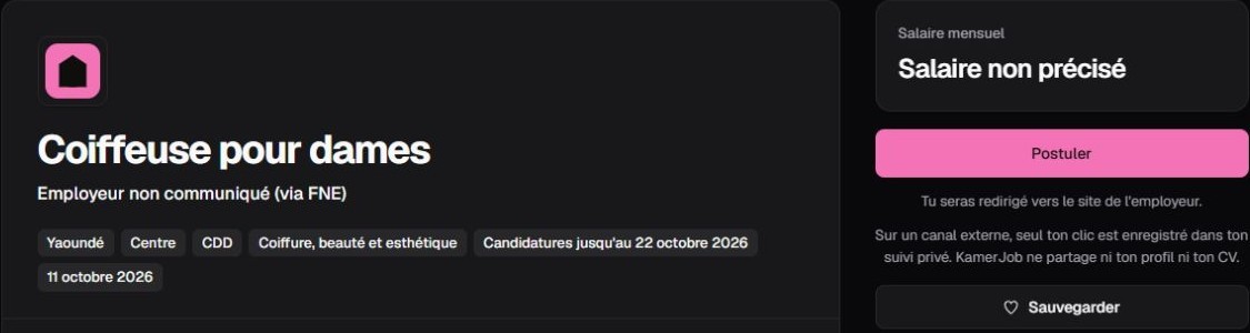 Capture d’une offre Kamerjob : titre, lieu, badge CDD, date limite et bouton Postuler