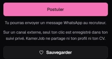 Bouton Postuler sur Kamerjob et explication de la candidature via WhatsApp