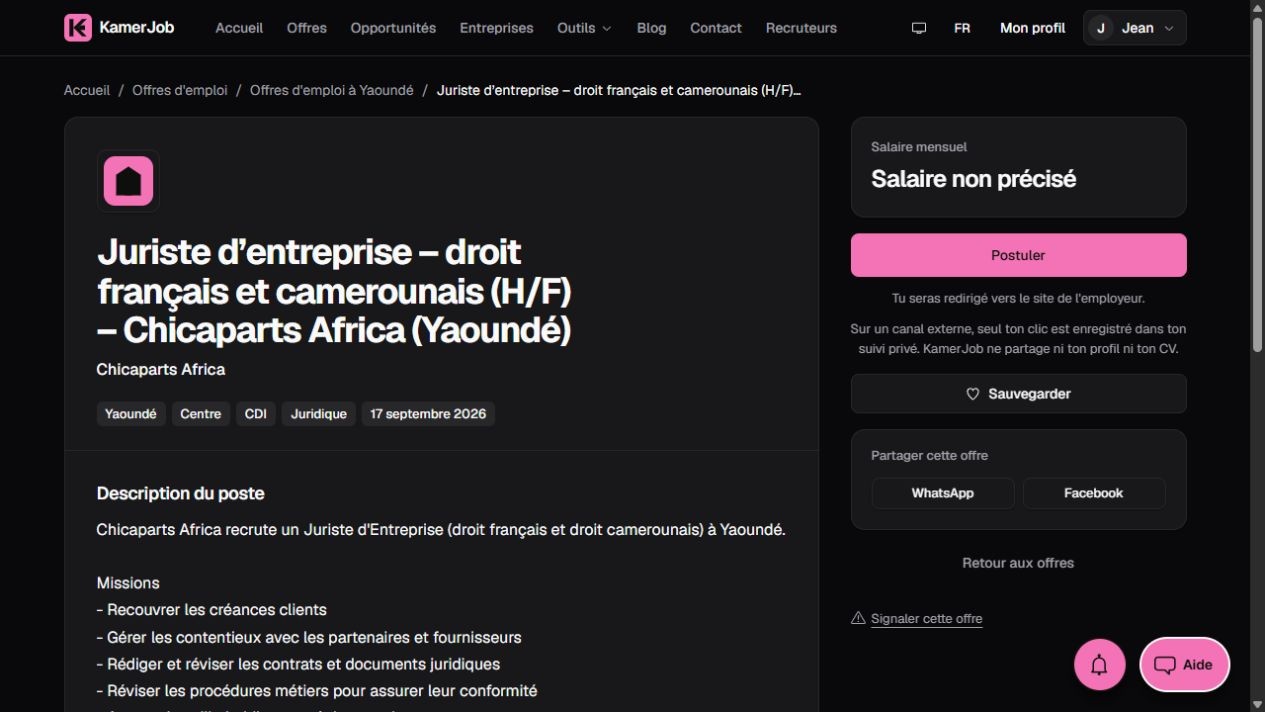 Capture Kamerjob de l’offre Chicaparts Africa acceptant les juristes débutants