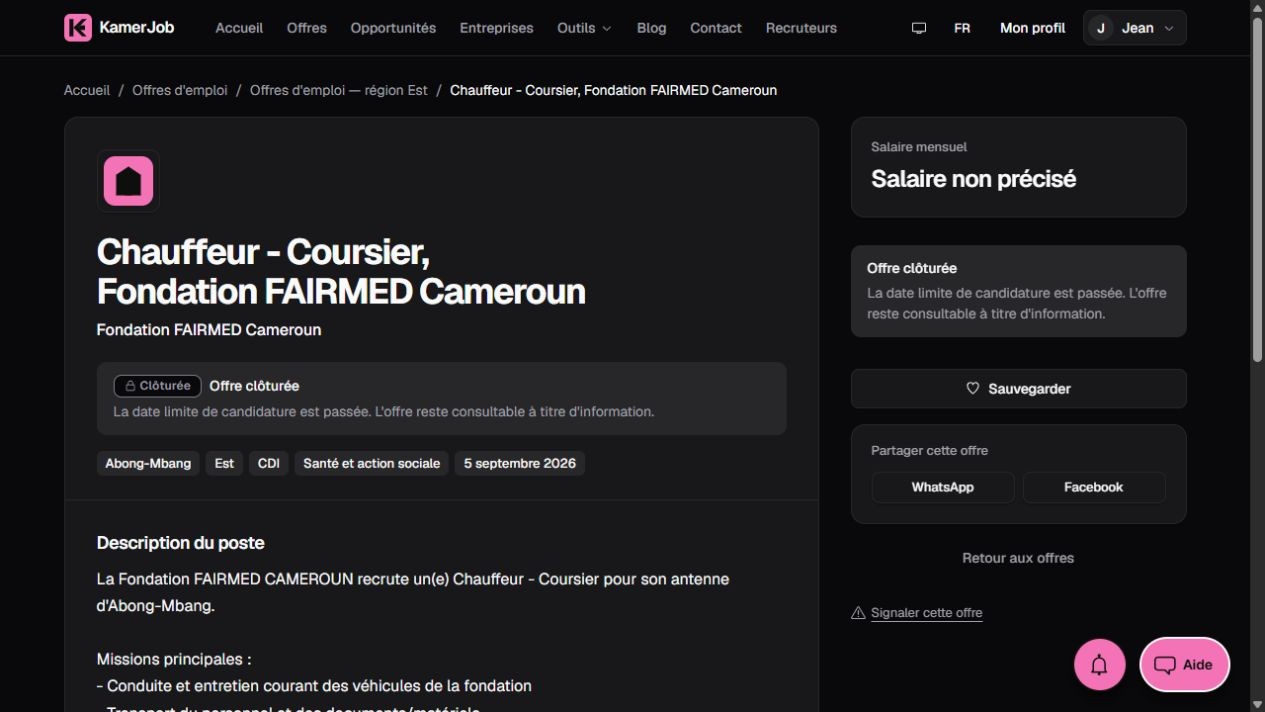 Capture de l’offre clôturée de chauffeur-coursier FAIRMED sur Kamerjob