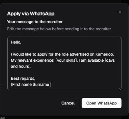 Apply via WhatsApp window with an editable generic message and the Open WhatsApp button