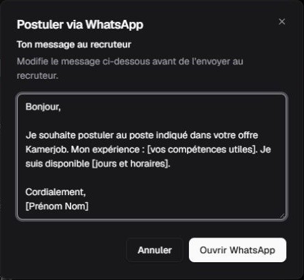 Fenêtre Postuler via WhatsApp avec un message générique modifiable et le bouton Ouvrir WhatsApp