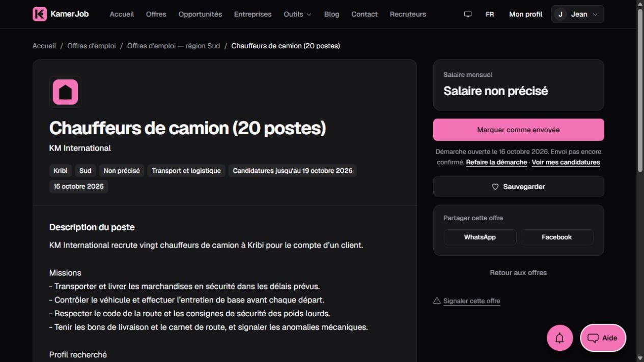Capture Kamerjob de l’offre de chauffeurs de camion à Kribi et de ses exigences