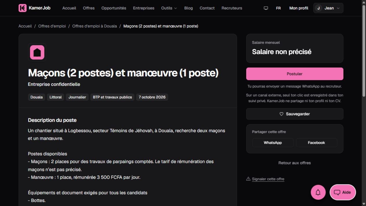Capture Kamerjob d’une offre distinguant les postes de maçon et de manœuvre à Logbessou