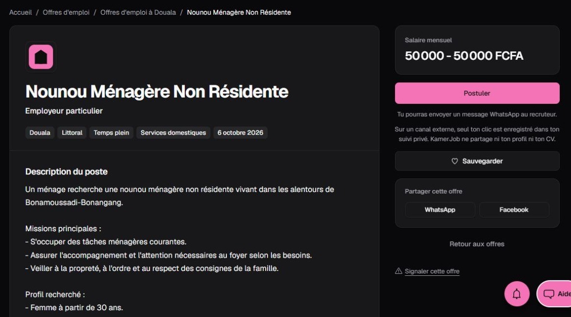 Capture Kamerjob de l’annonce Nounou Ménagère Non Résidente à Douala