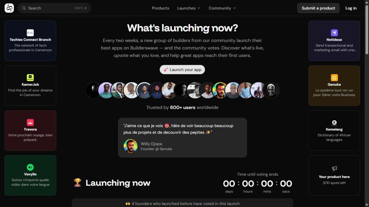Page des lancements Builderswave avec produits participants et votes