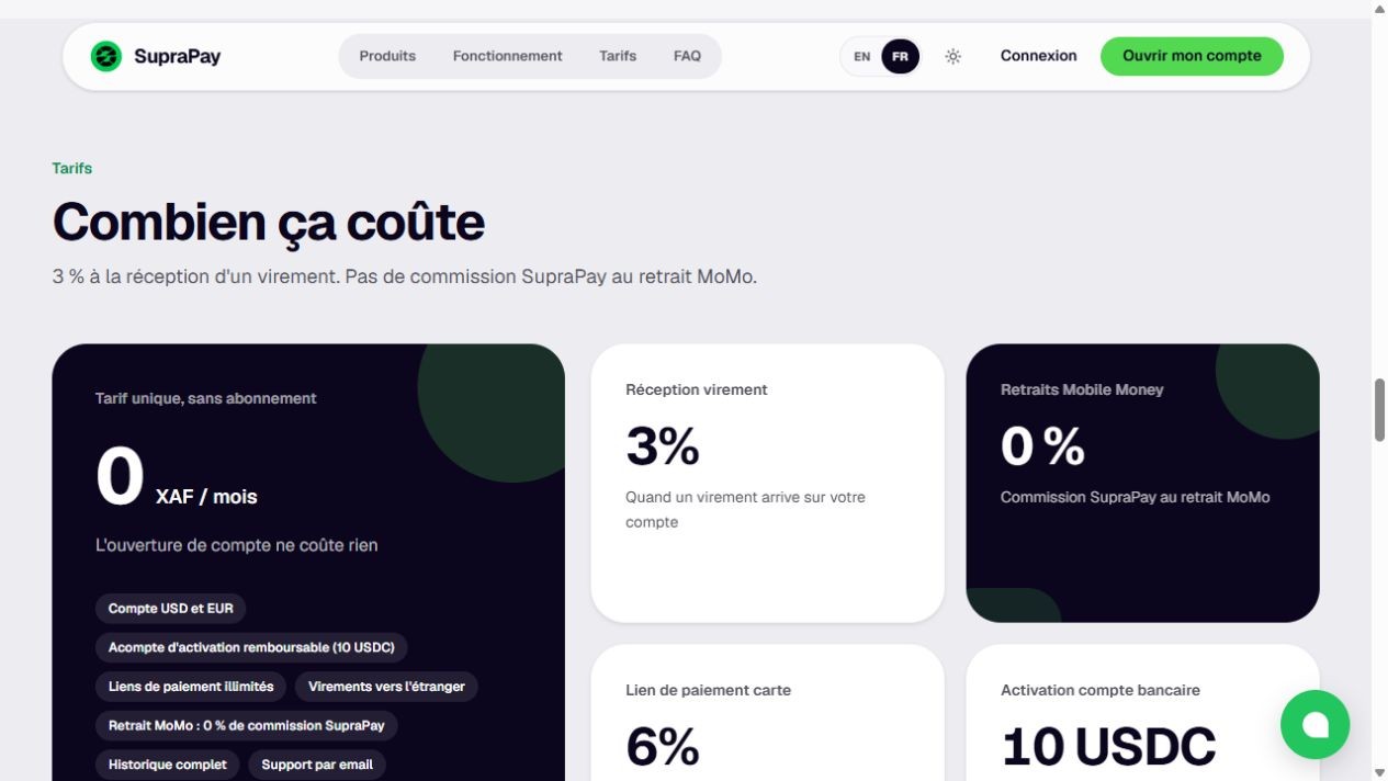 Capture des tarifs publics SupraPay : réception de virement, commission de retrait, paiement par carte et activation