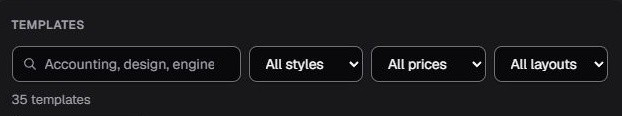 Kamerjob Templates panel with keyword search and style, price and compatibility filters