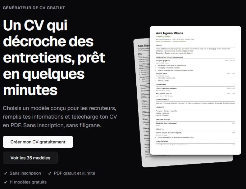 Capture du générateur de CV Kamerjob montrant le bouton pour créer son CV et les modèles