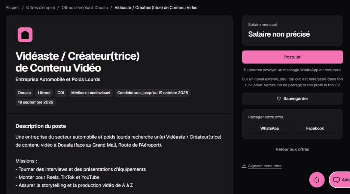 Offre Kamerjob de vidéaste et créateur de contenu vidéo à Douala, avec les missions demandées