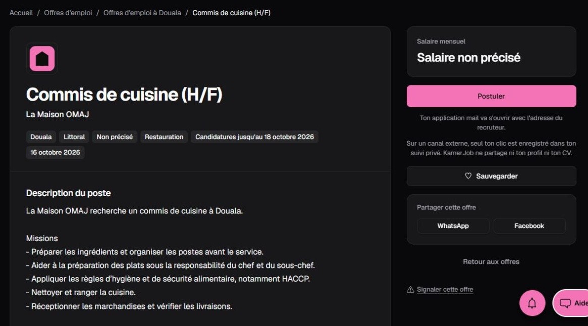 Offre Kamerjob de commis de cuisine indiquant des missions de préparation et d’organisation